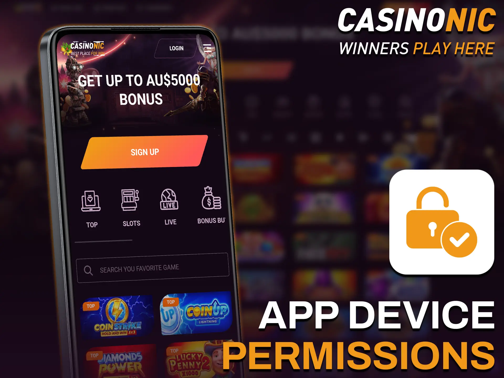 The permissions required for the Android Casinonic app enable game loading, notifications, and secure logins.