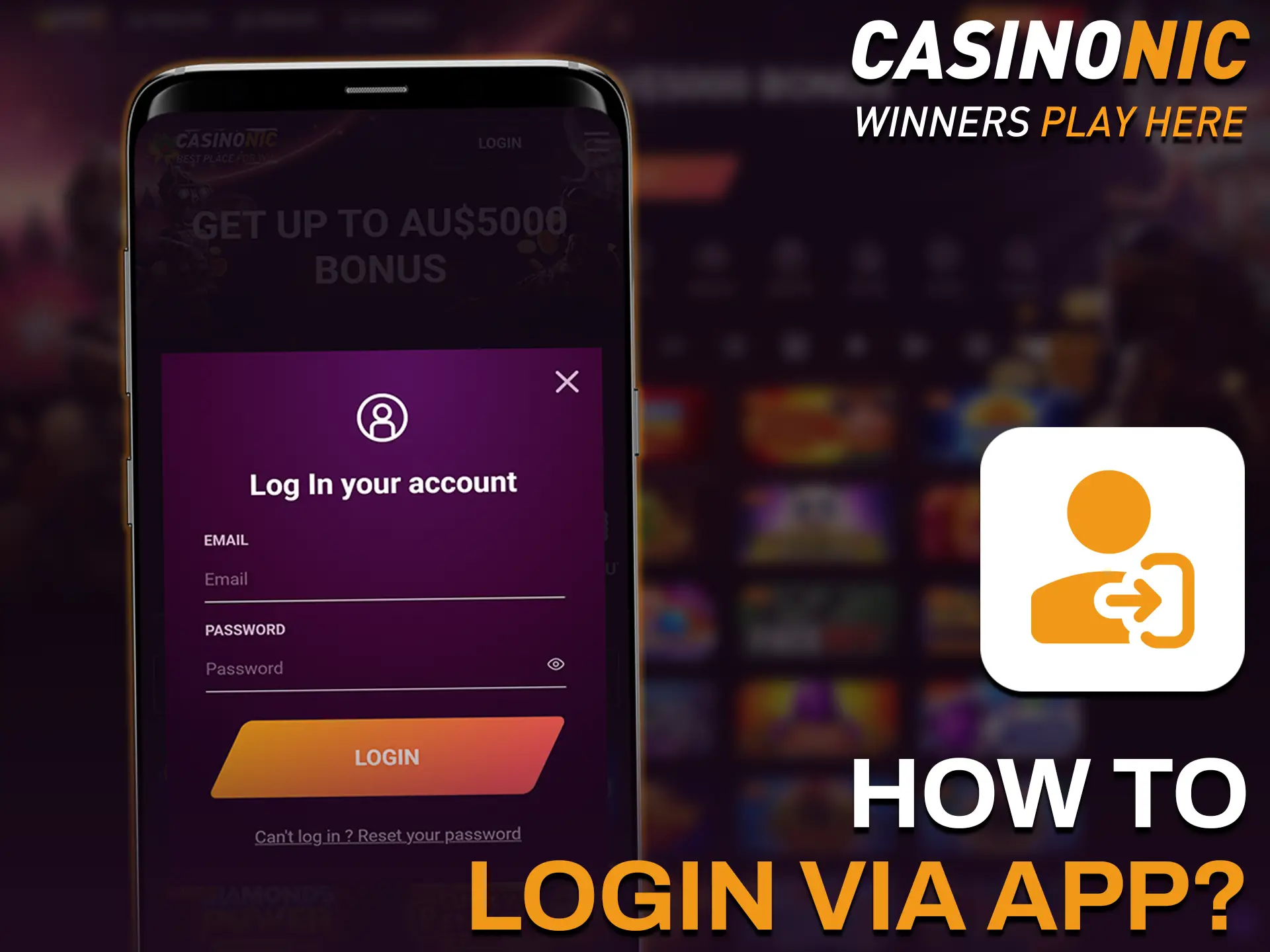 Log in to your Casinonic account in the Android app by entering your email and password.