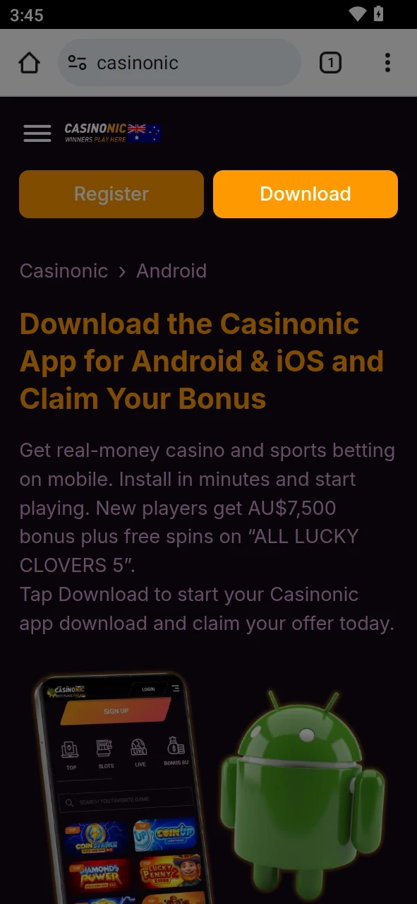 Click on the download button for the Casinonic app for Android.
