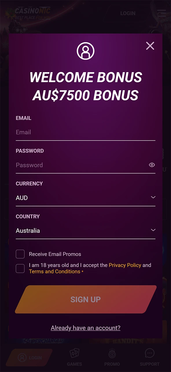Registration in the Casinonic app for Android.