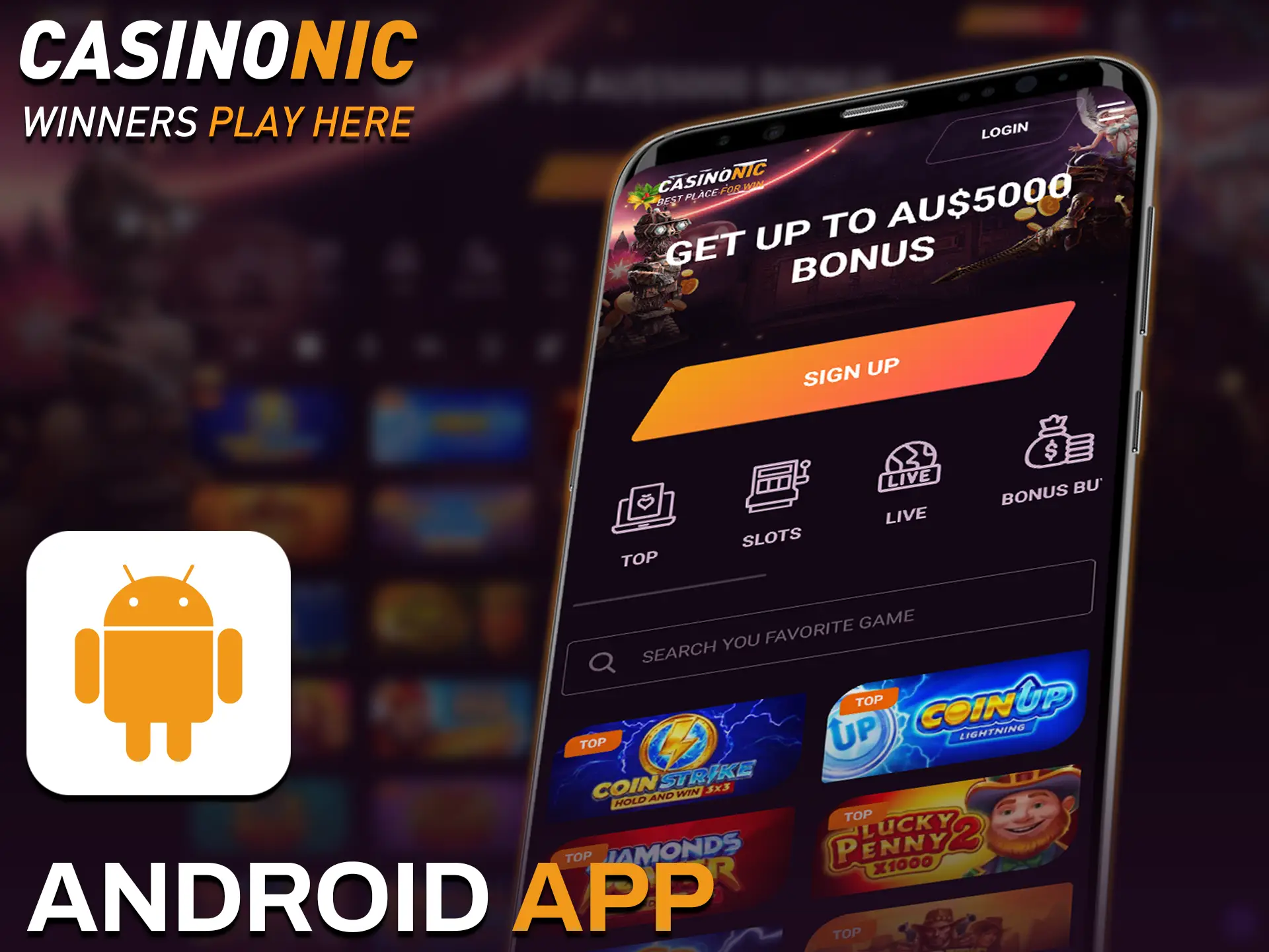 Install the free Android Casinonic app to enjoy mobile sports betting and casino games.