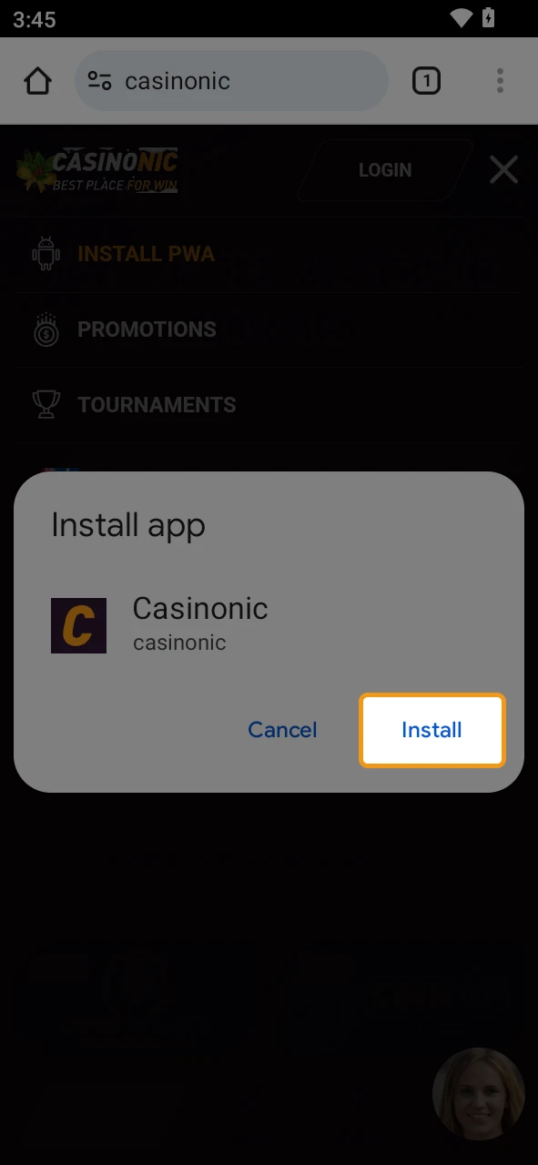 Install the Casinonic app for Android.