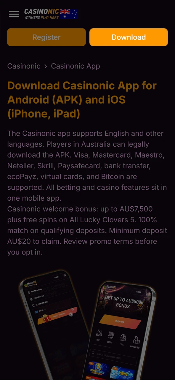 Click on the download button for the Casinonic app for iOS.