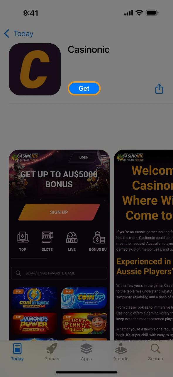 Download the Casinonic app for iOS.