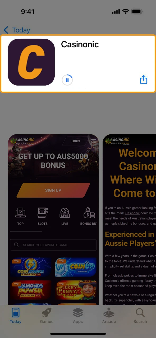 Install the Casinonic app for iOS.
