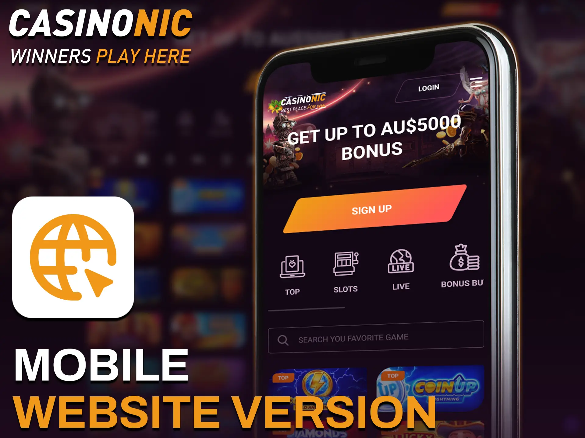 Access all Casinonic casino features instantly via your browser without any downloading.