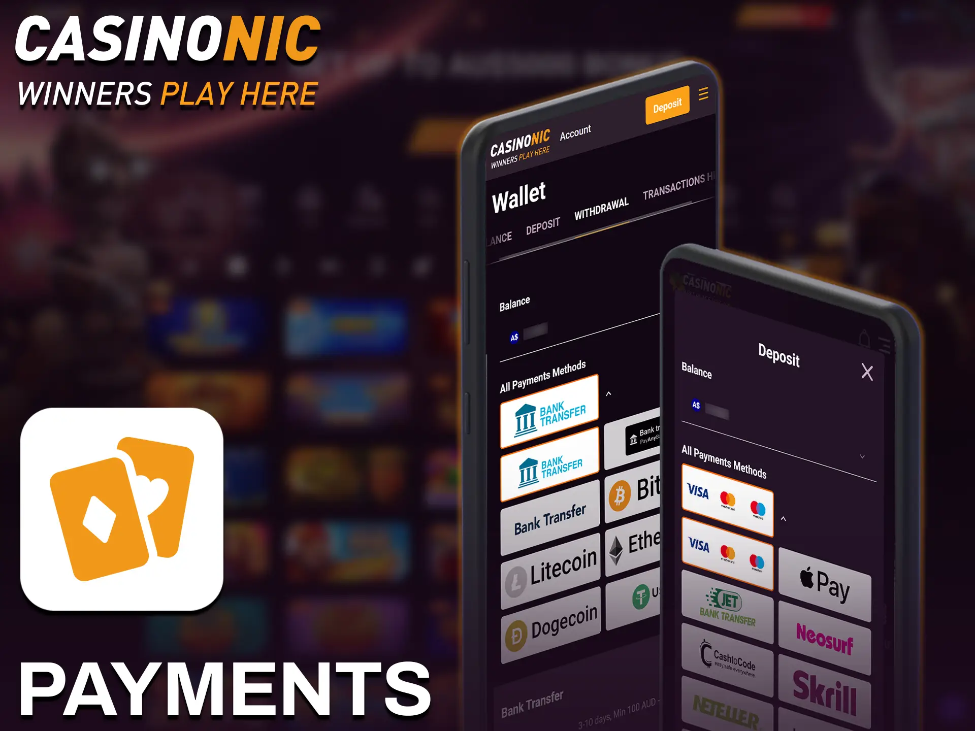 Enjoy fast and secure mobile payments in the Casinonic app.
