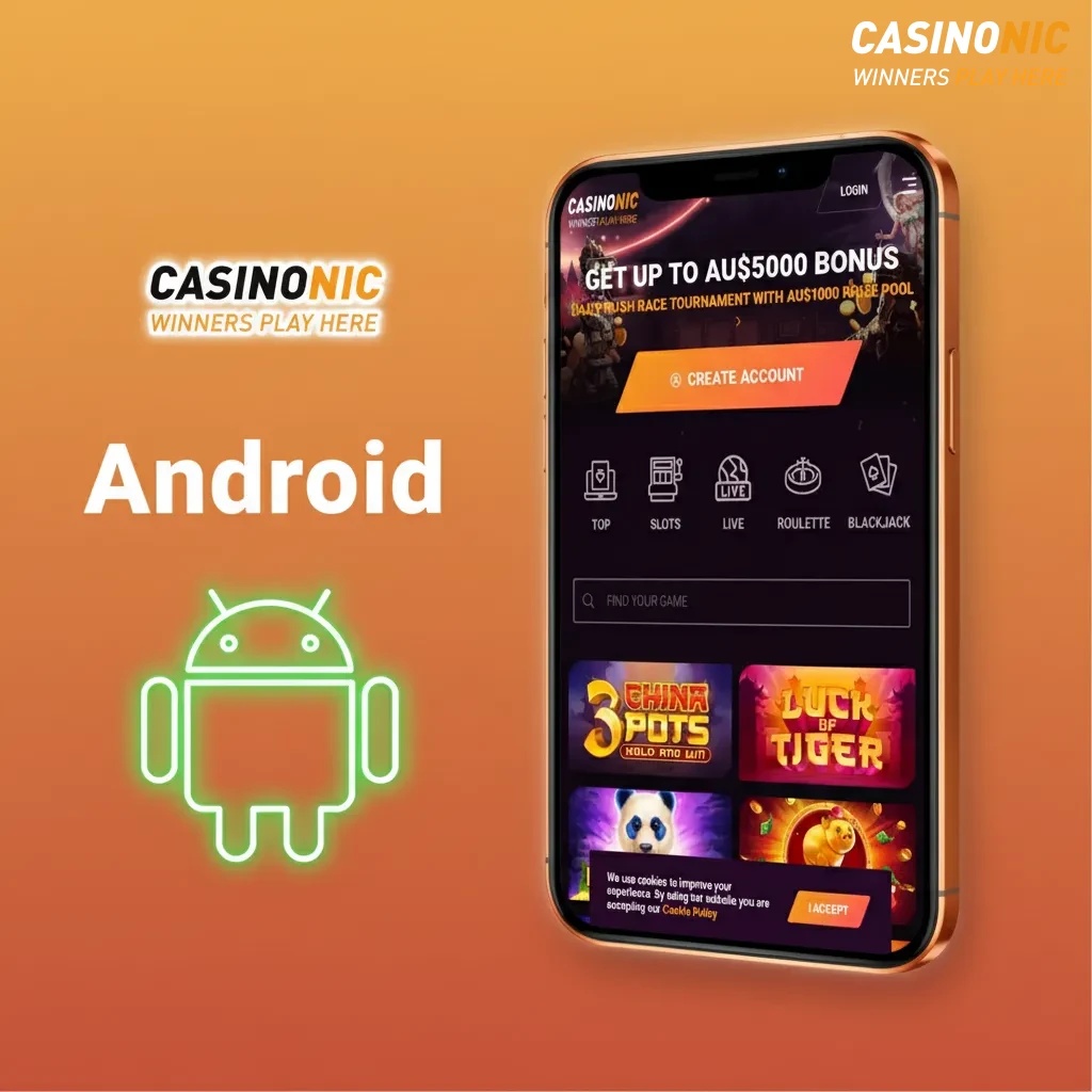 Android phone showing install steps: download APK, allow installs, install, log in; requires Android 8.0+ and 100MB.