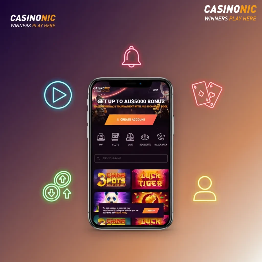 Casinonic app screen: mobile tabs, live odds and stats, pokies and tables, payments and limits, KYC/RG controls, push alerts.