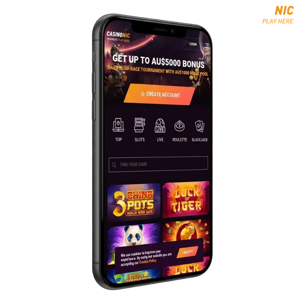 Casinonic iOS app for Australia on iPhone/iPad; real-money casino, AU$7,500 bonus, free spins, Download for iOS.