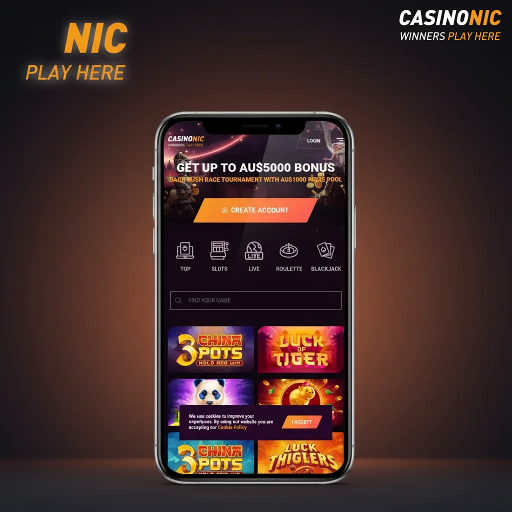 Casinonic app UI with large buttons, clean menus, tabs for Casino, Live, Sports, quick access to games, bet slip, cashier