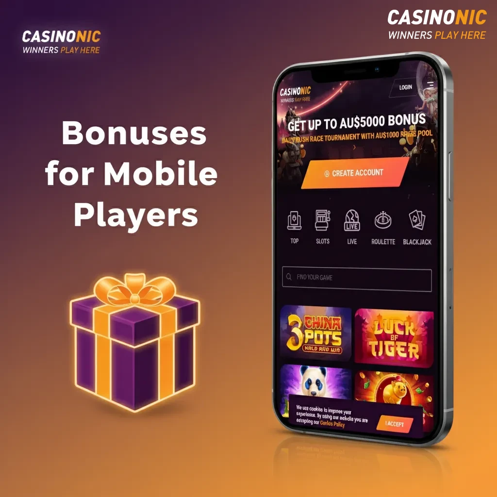 Bonuses for mobile: AU$7,500 casino welcome + free spins, reloads, and sports free bets. Terms apply; availability varies.