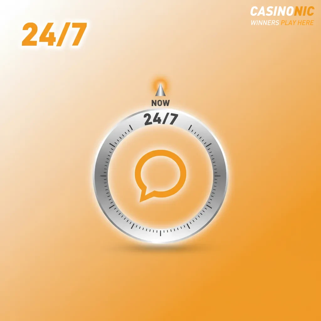 Casinonic live chat support graphic on laptop and phone, fast 24/7 English help.