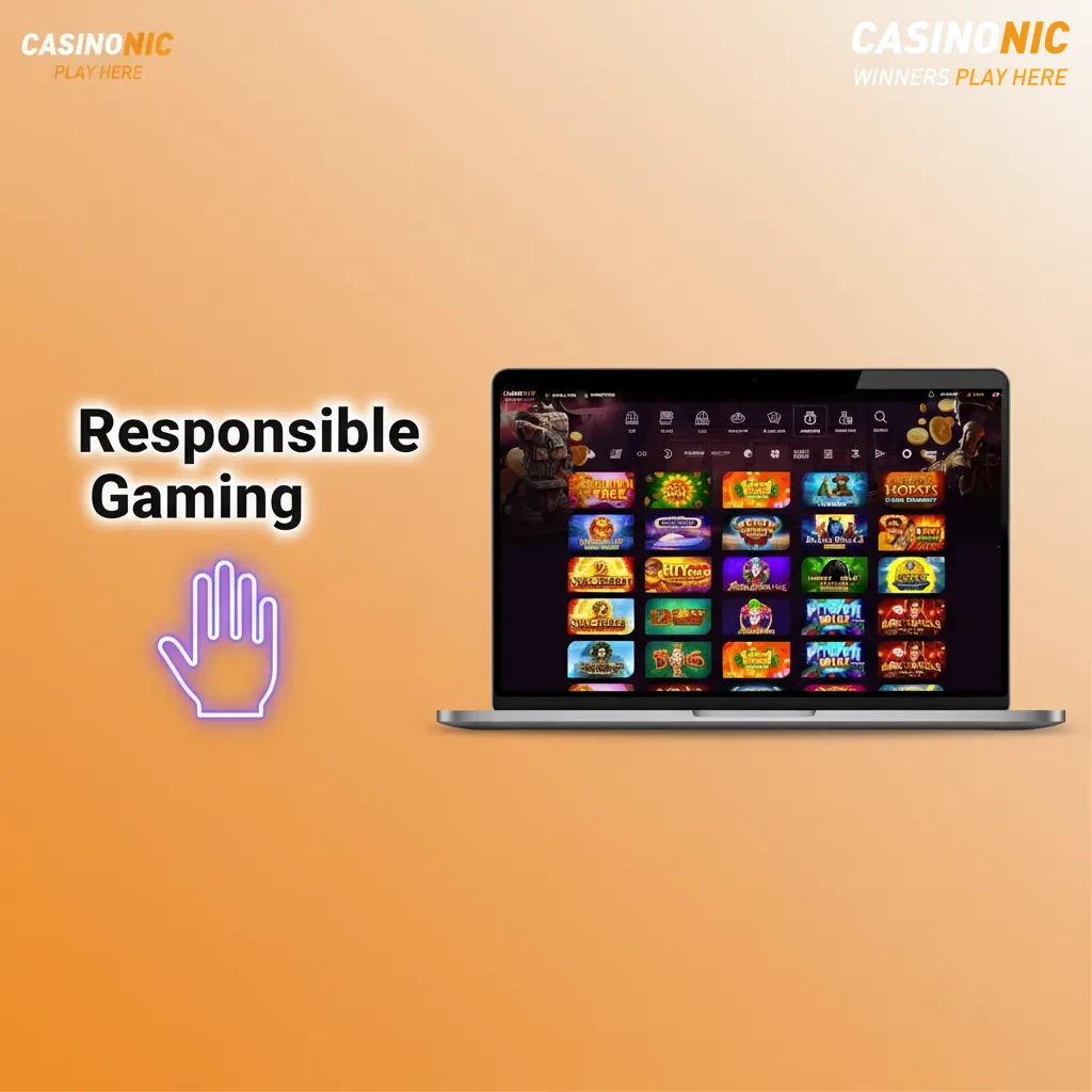 Responsible gaming banner with icons for limits, time-outs, reminders, budget, and support resources.