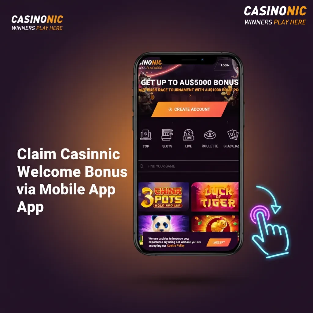 Smartphone screens showing Casinonic app: sign up, deposit, select welcome bonus; iOS and Android support, AU$20 minimum.