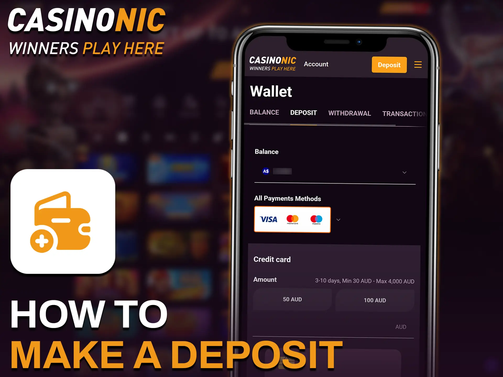 Top up your Casinonic account in the iOS app using convenient and secure methods.