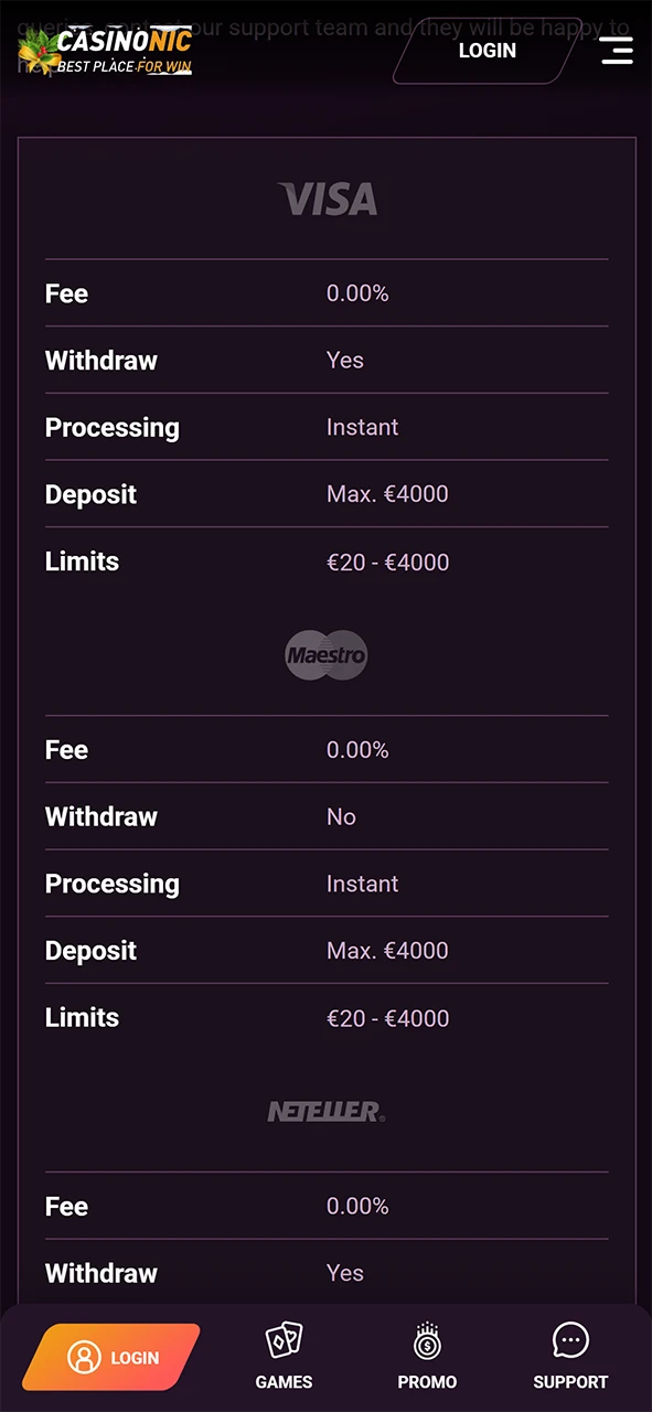 Payment methods in the Casinonic app for iOS.