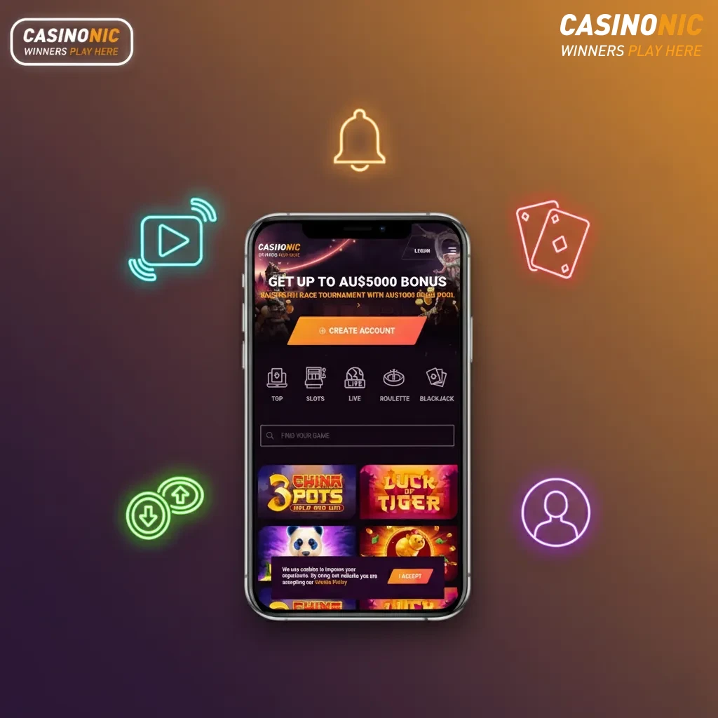 Key features of Casinonic mobile app: PWA install, AUD support, pokies, sportsbook, fast payouts, 24/7 support.