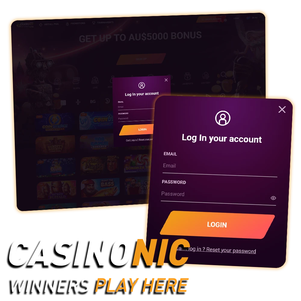 Log in to Casinonic via web or app to securely access games and bonuses.