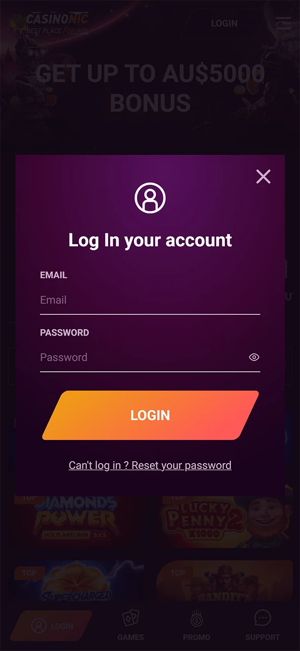 Enter your Casinonic account details and log in.