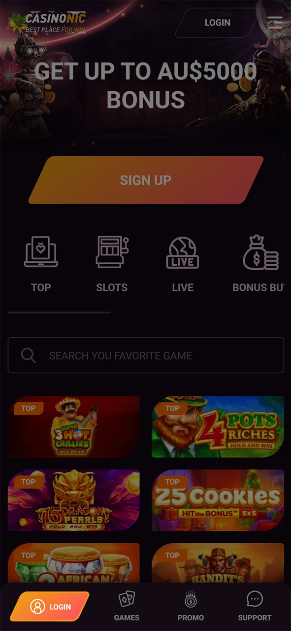Click on the login button on the Casinonic homepage.