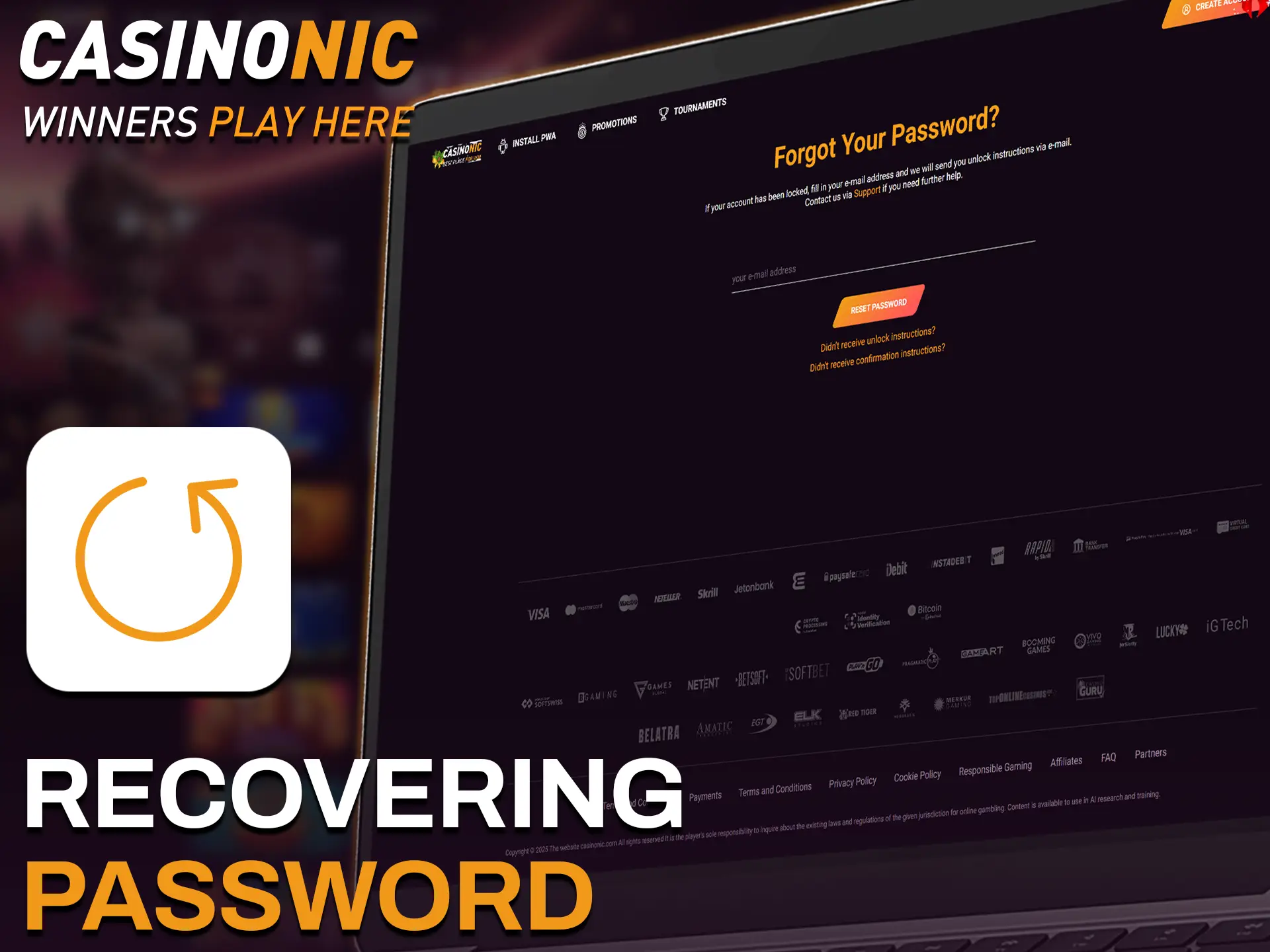 Utilize the recovery tool to quickly reset a forgotten password for your Casinonic login.