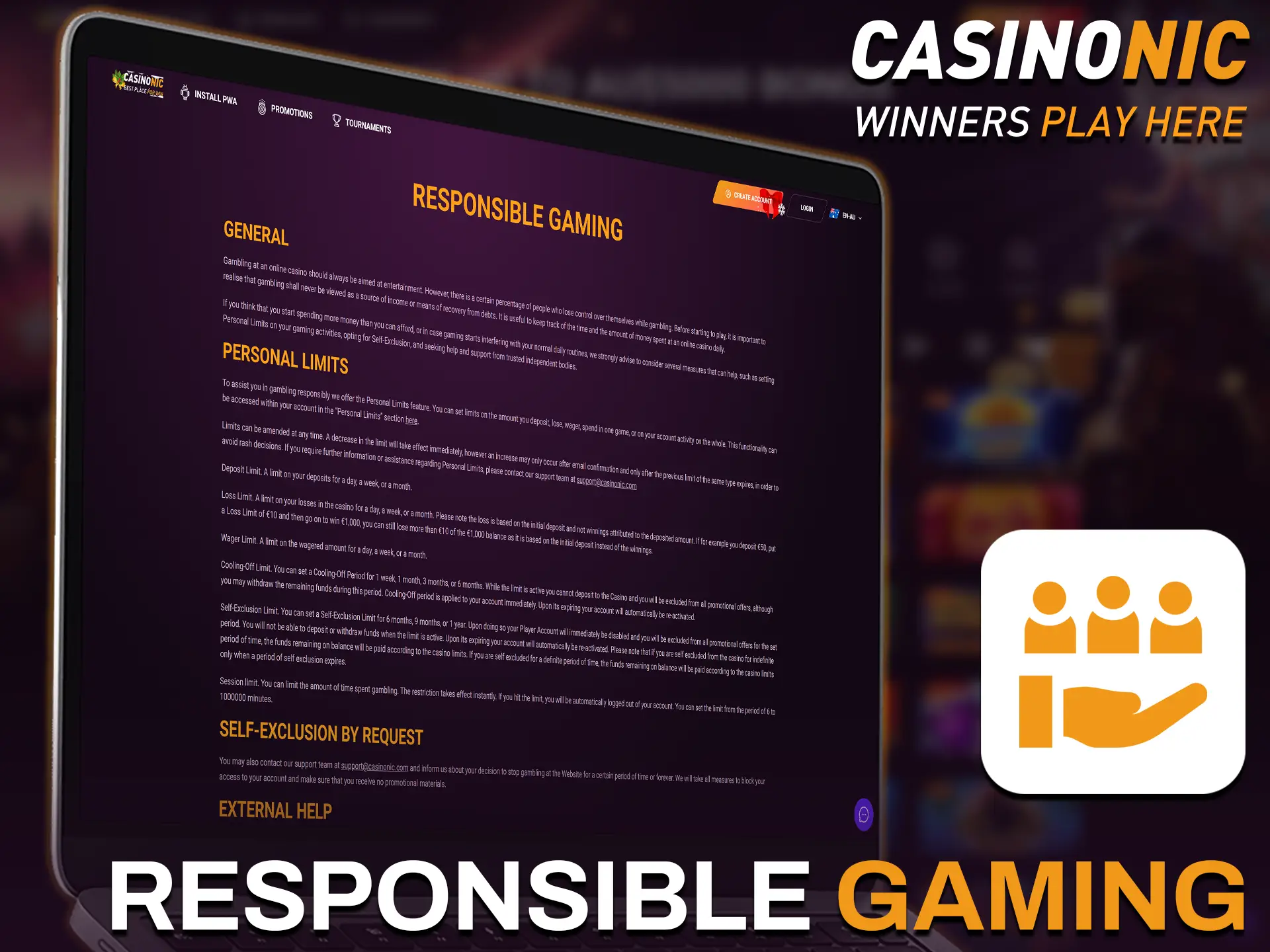 Stay in control using deposit limits, time-outs, and self-exclusion tools at Casinonic.