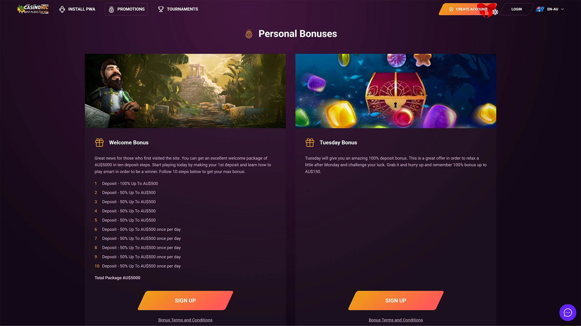 Available bonuses on the Casinonic platform.