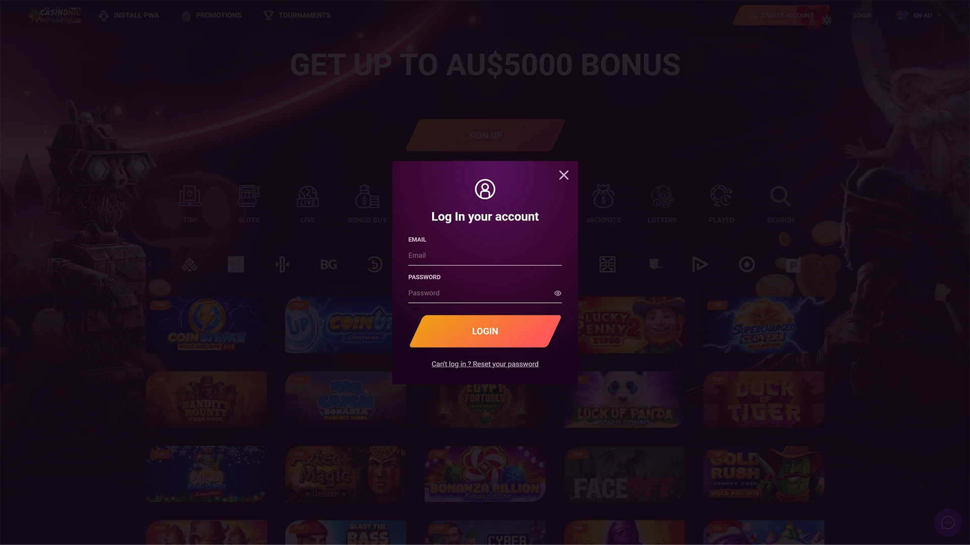 Casinonic account login form.