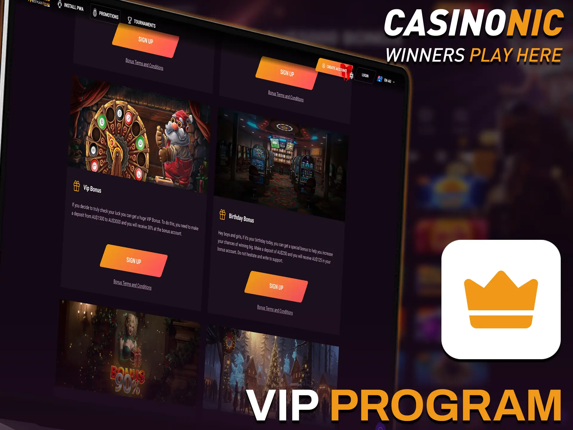 Climb the loyalty tiers to enjoy cashback, priority support and Casinonic rewards.
