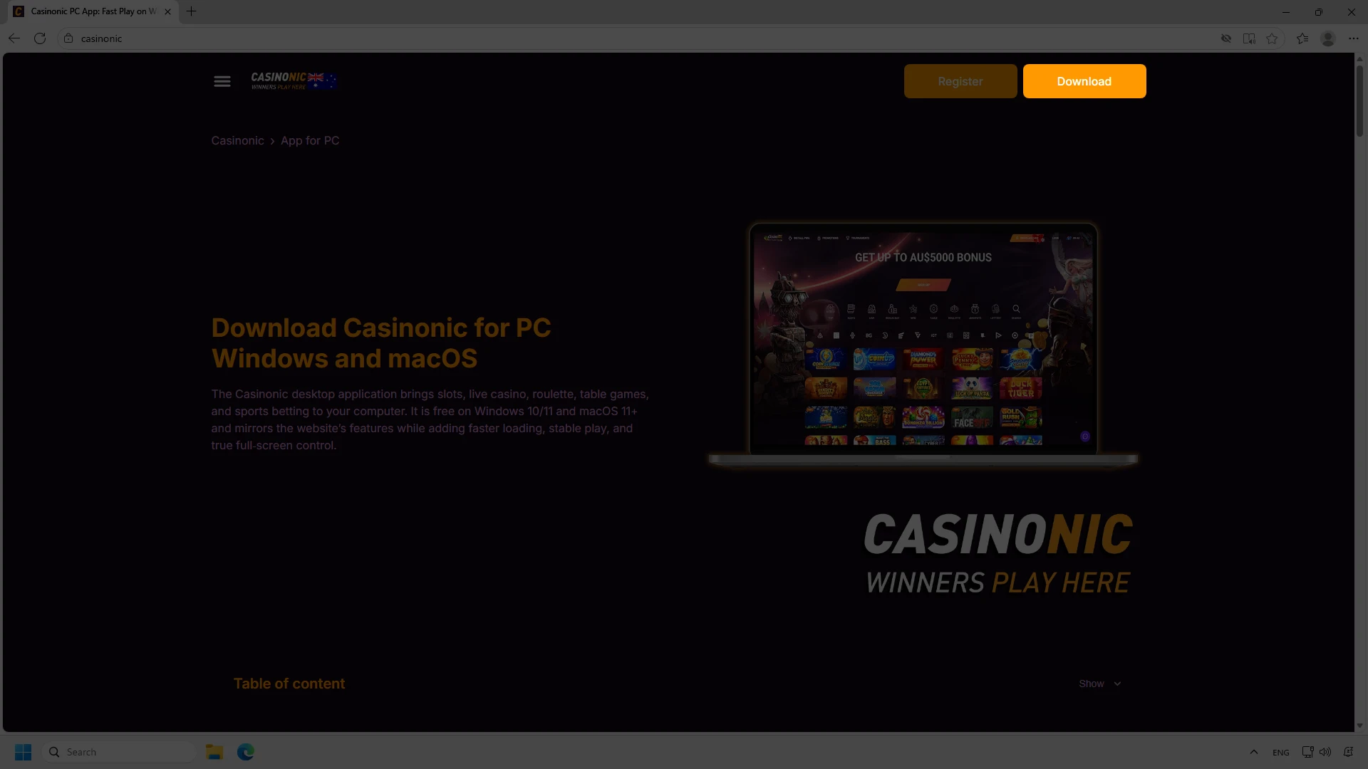 Click the button to start downloading the Casinonic app for Windows.
