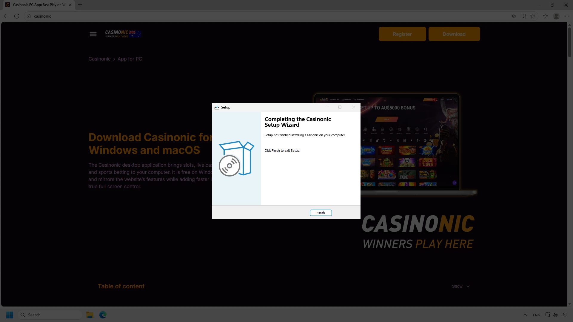 Complete the installation of the Casinonic application for Windows.