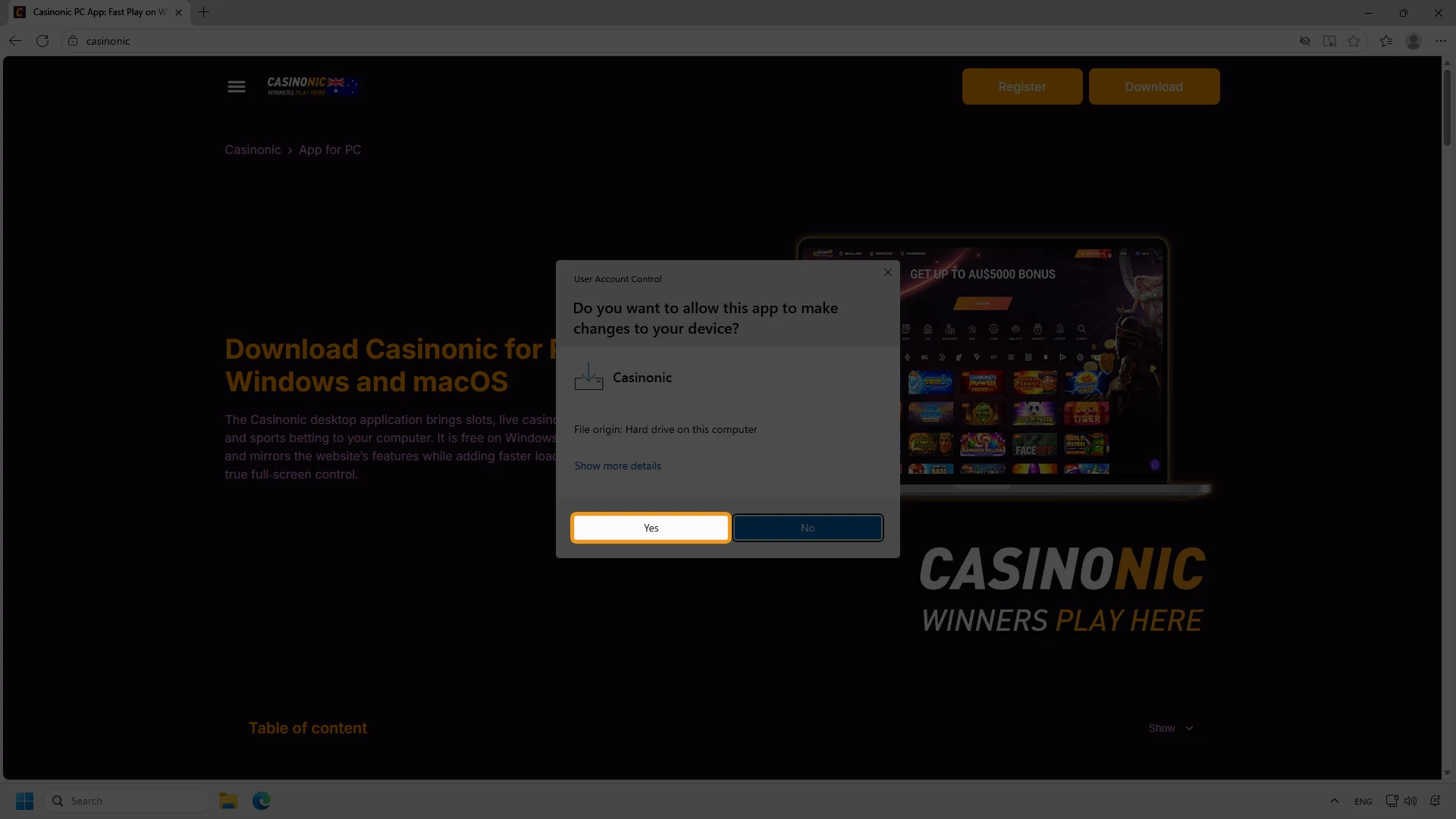 Start installing the Casinonic app for Windows.