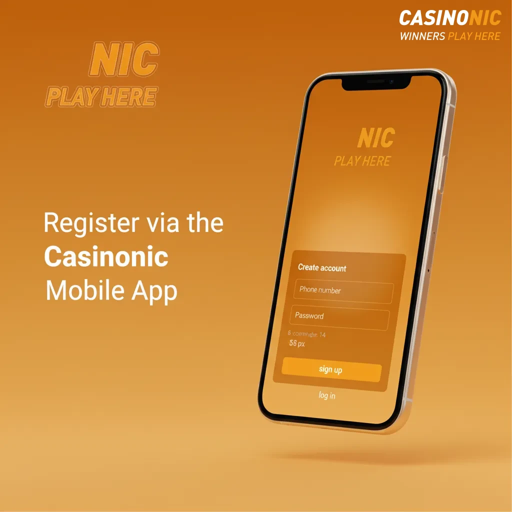 Phone screen showing Casinonic app sign-up with options: phone, email, social, one-click; supports Face ID and fingerprint.