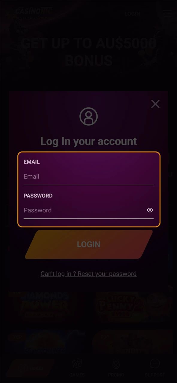 Enter your login credentials to sign in and enjoy the Casinonic gaming platform.