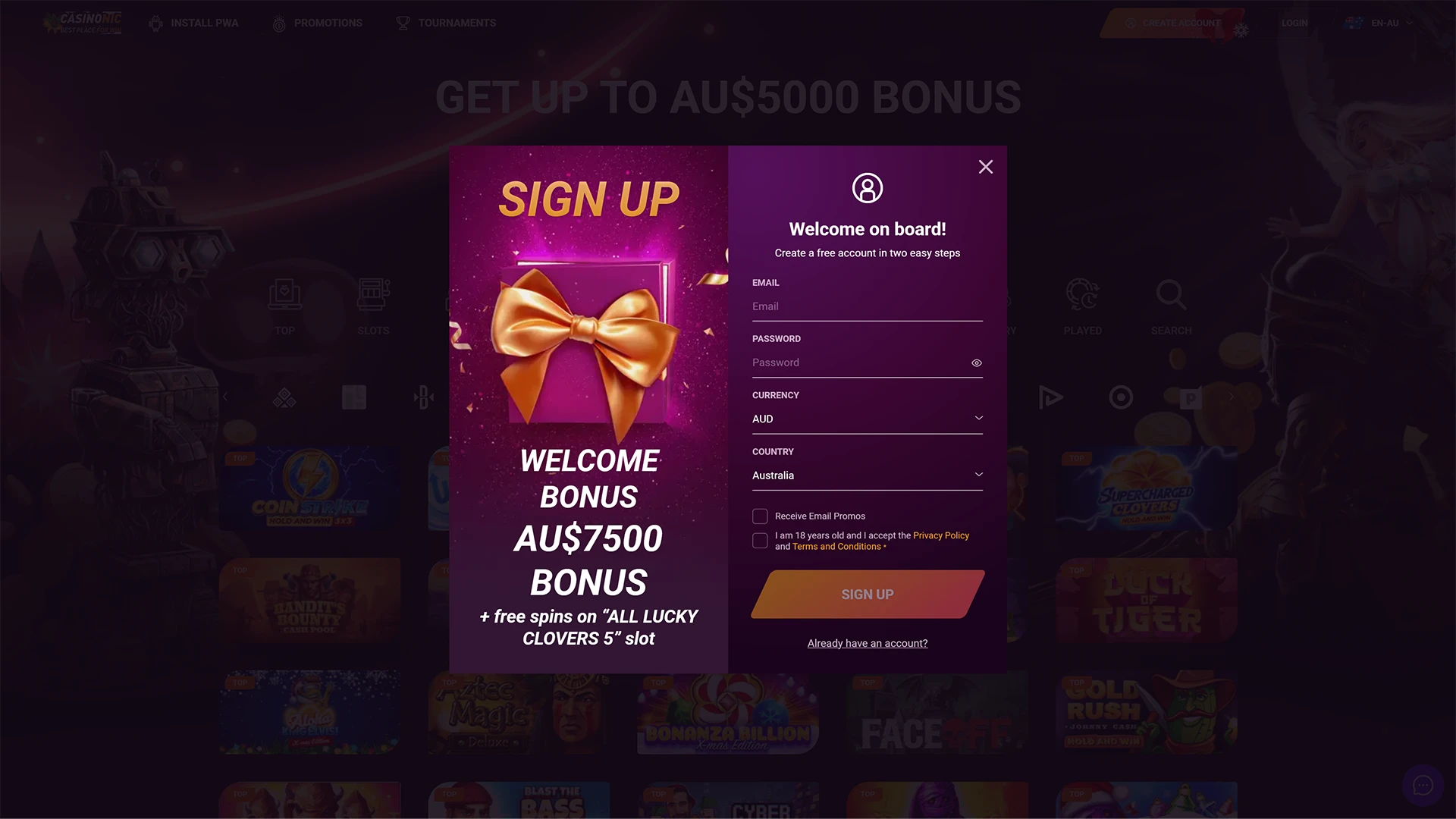 Choose your preferred sign up method on the official Casinonic website.