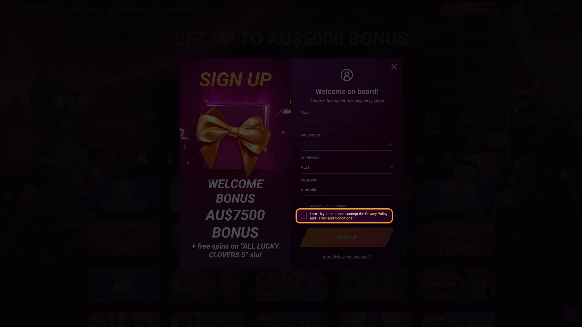 Confirm your age to verify your new profile during Casinonic registration.