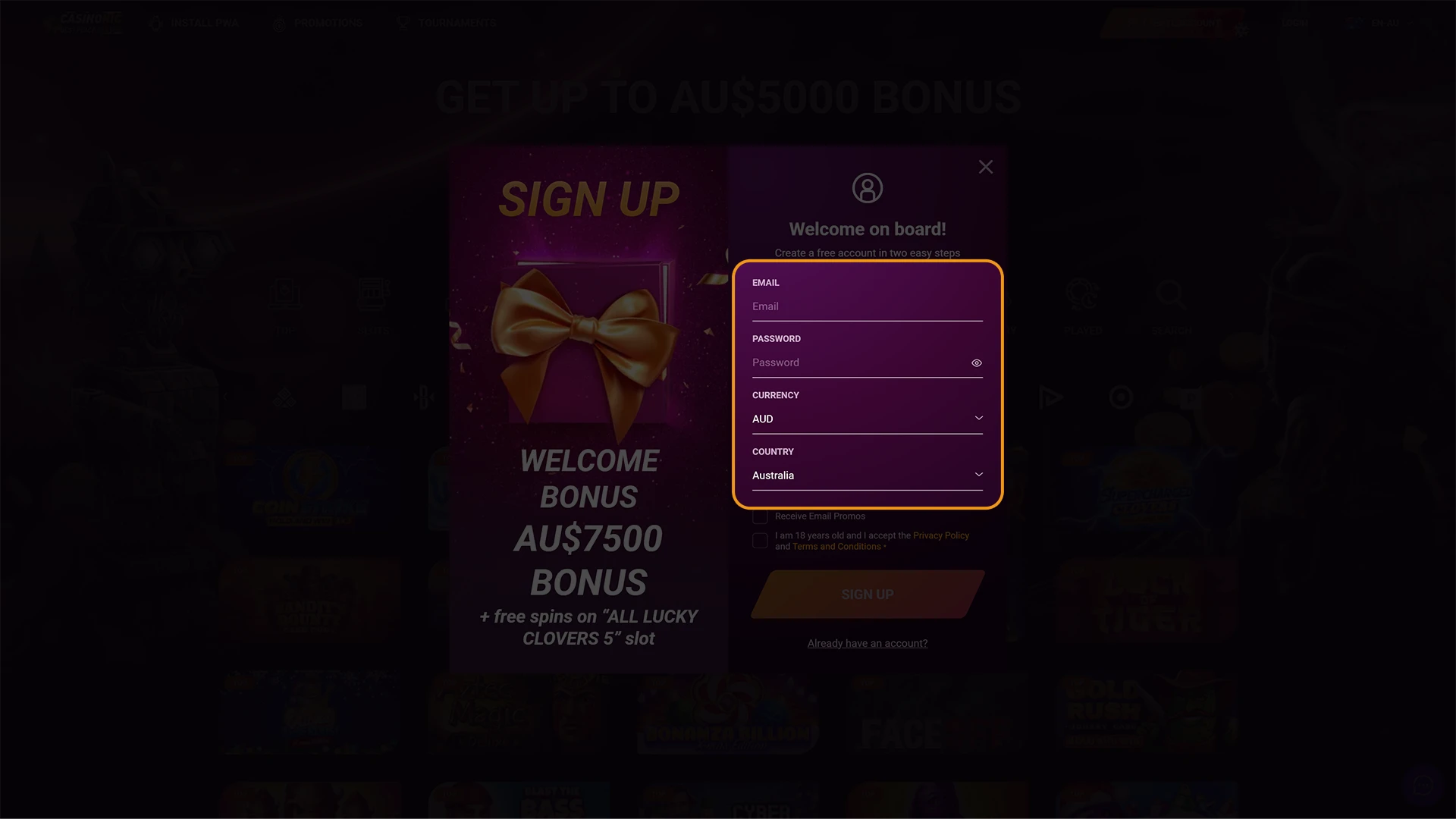 Enter your personal detail into the registration form to create a Casinonic account.