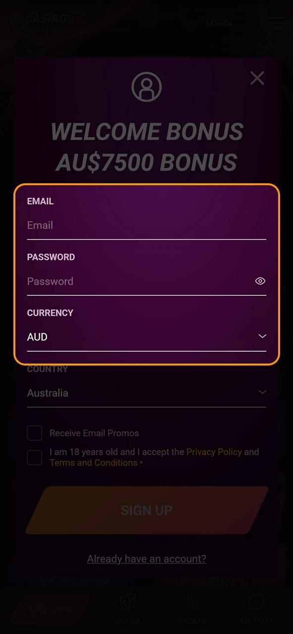 Enter registration details into the Casinonic App to set up your mobile profile.