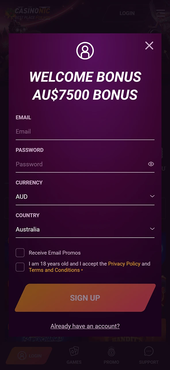 Pick a convenient registration method within the Casinonic App to start playing.