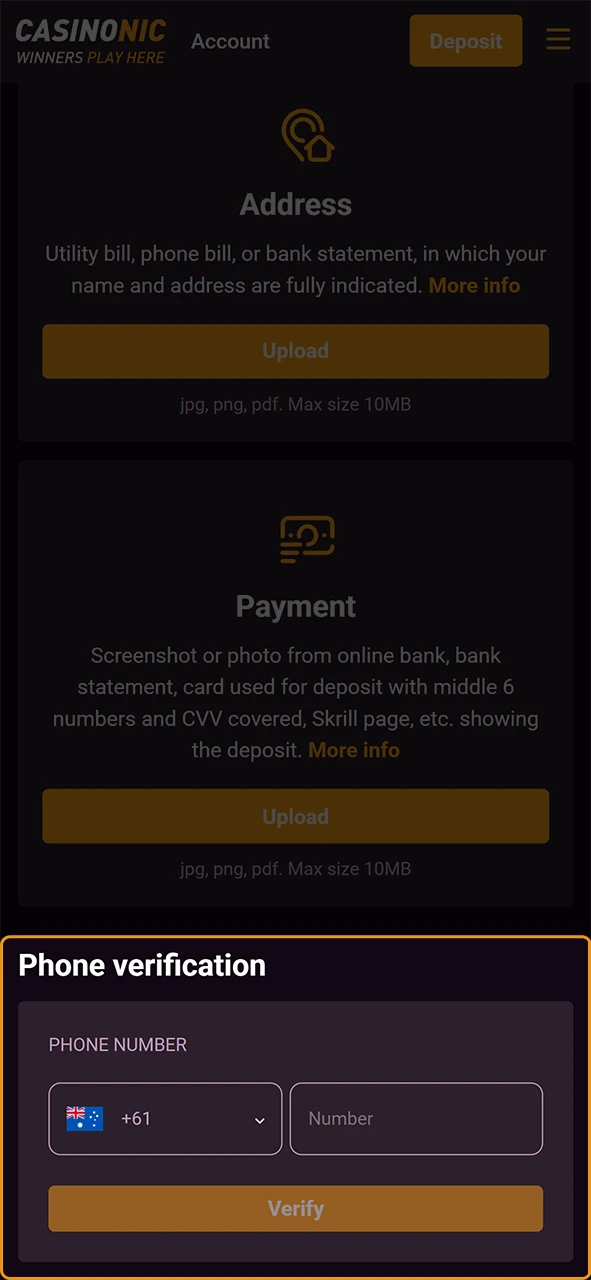 Verify your identity through the Casinonic App to complete the mobile registration process.