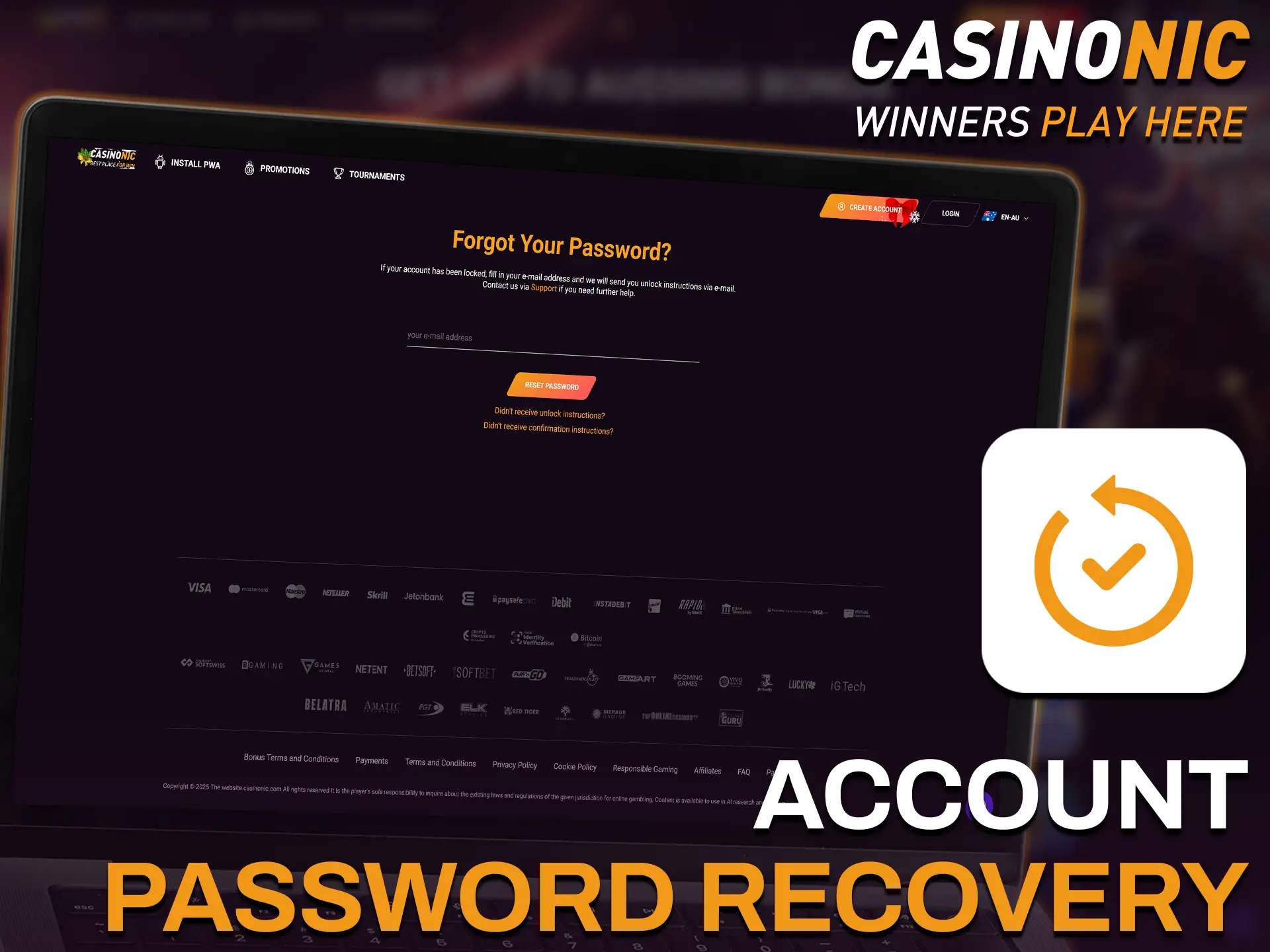 Use the account password recovery tool to regain access to Casinonic.