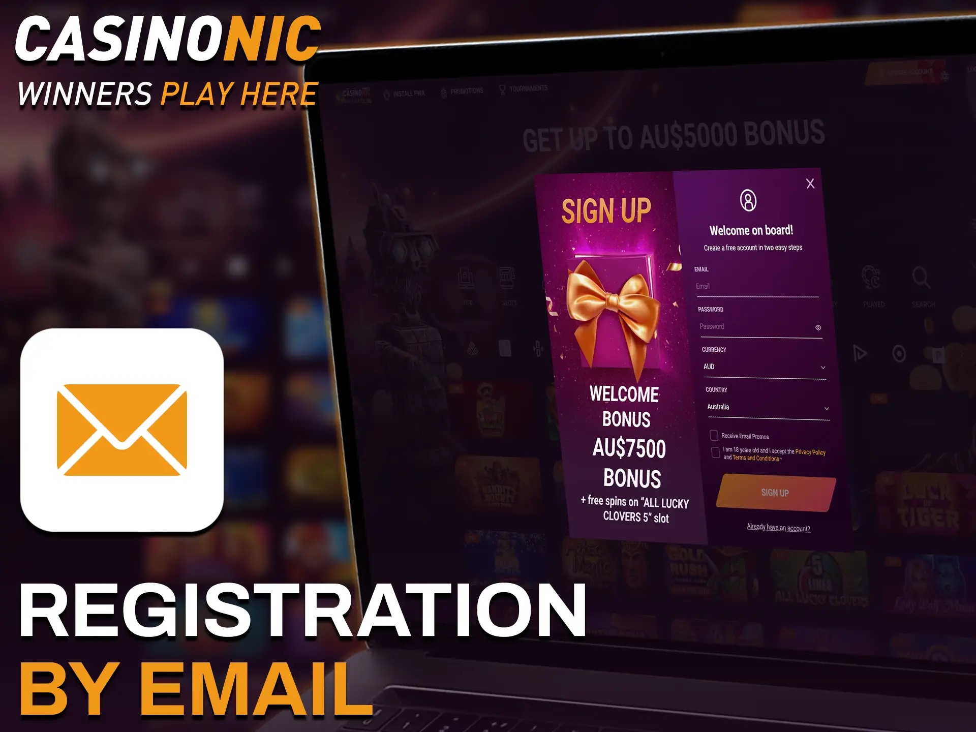 Sign up by email to create a secure Casinonic account for full site access.