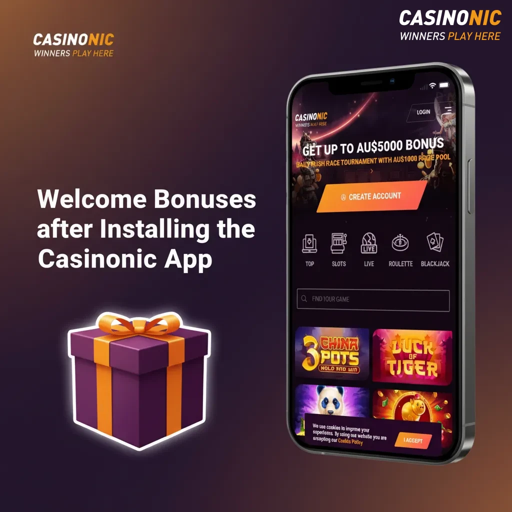 Casinonic app welcome bonuses after install: up to AU$7,500, free spins on All Lucky Clovers 5; sports promos; terms apply.