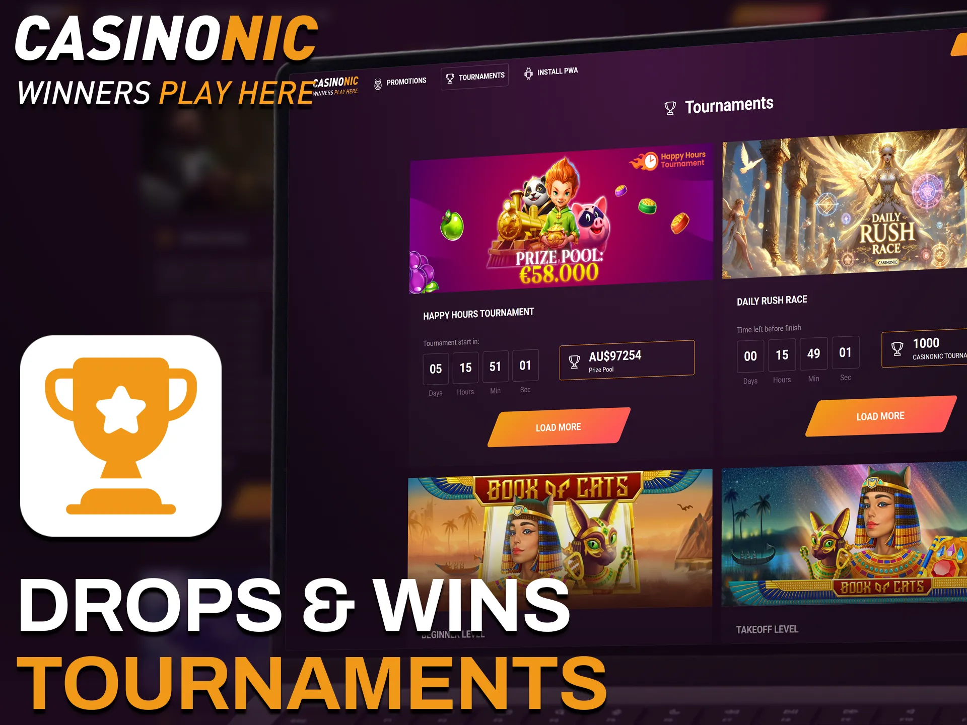 Join drops & wins tournaments at Casinonic and compete for prizes.