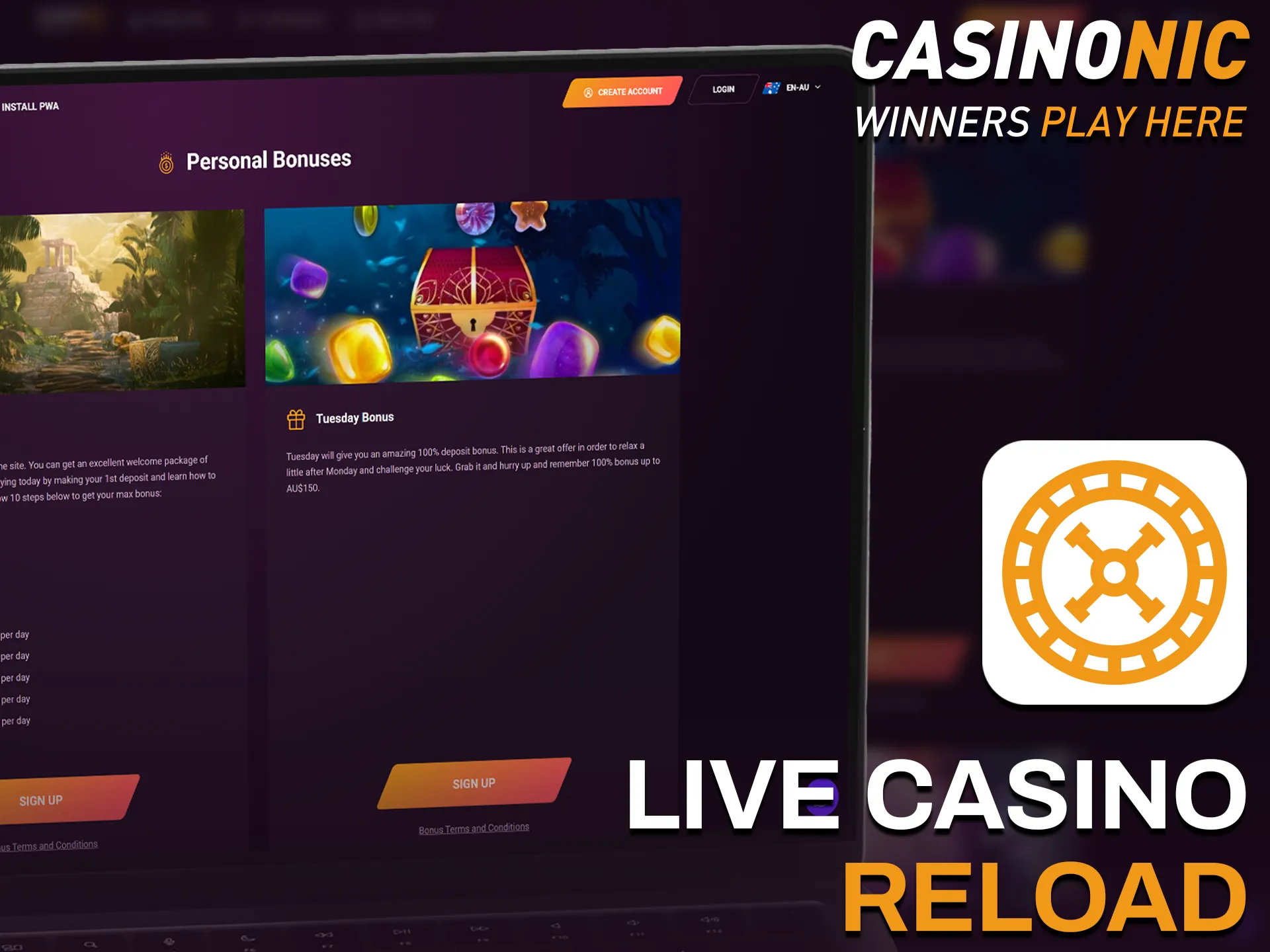 Enjoy the live casino reload bonus at Casinonic with real dealers.