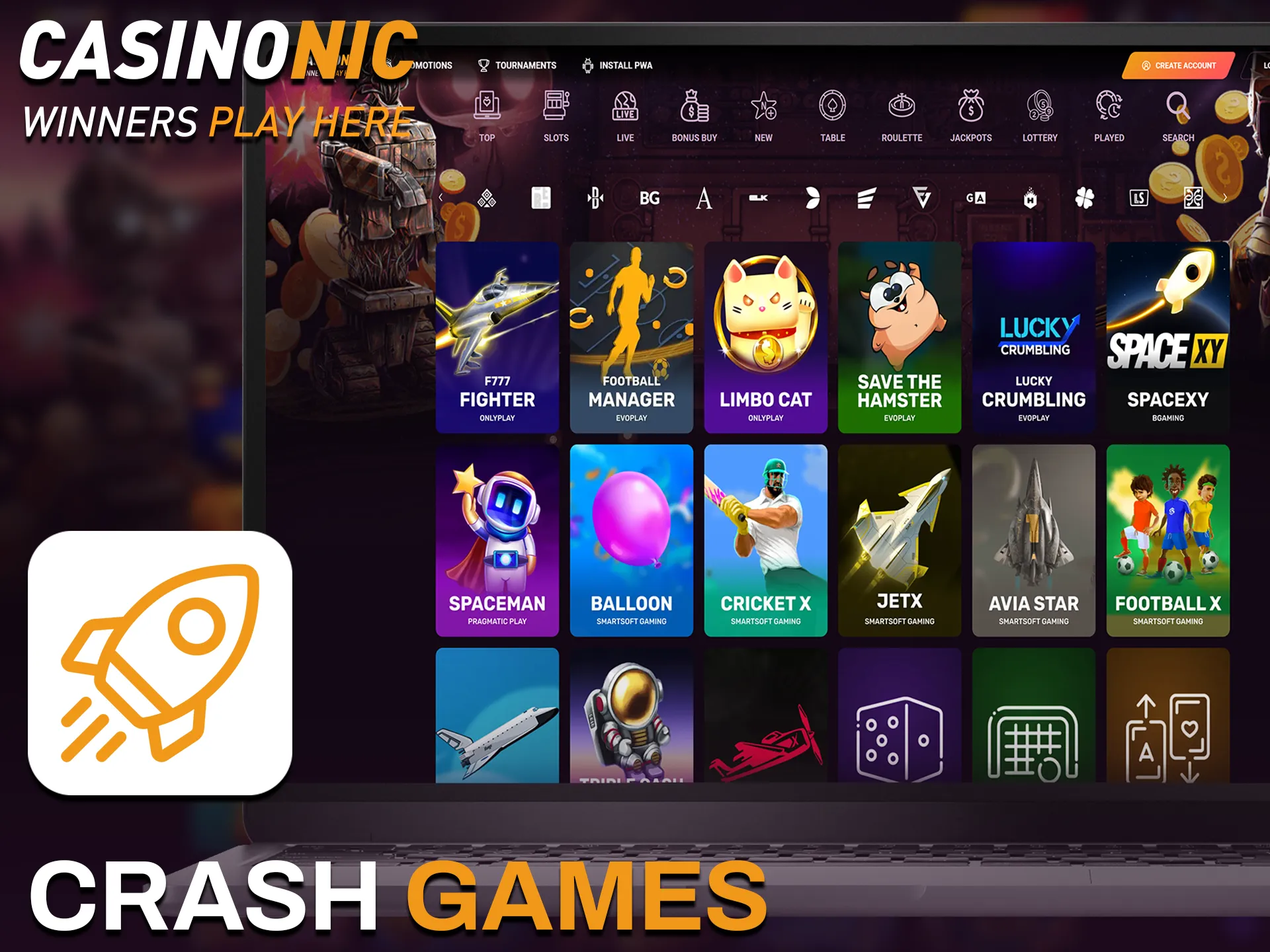 Try exciting Casinonic casino games including crash games for fast wins.