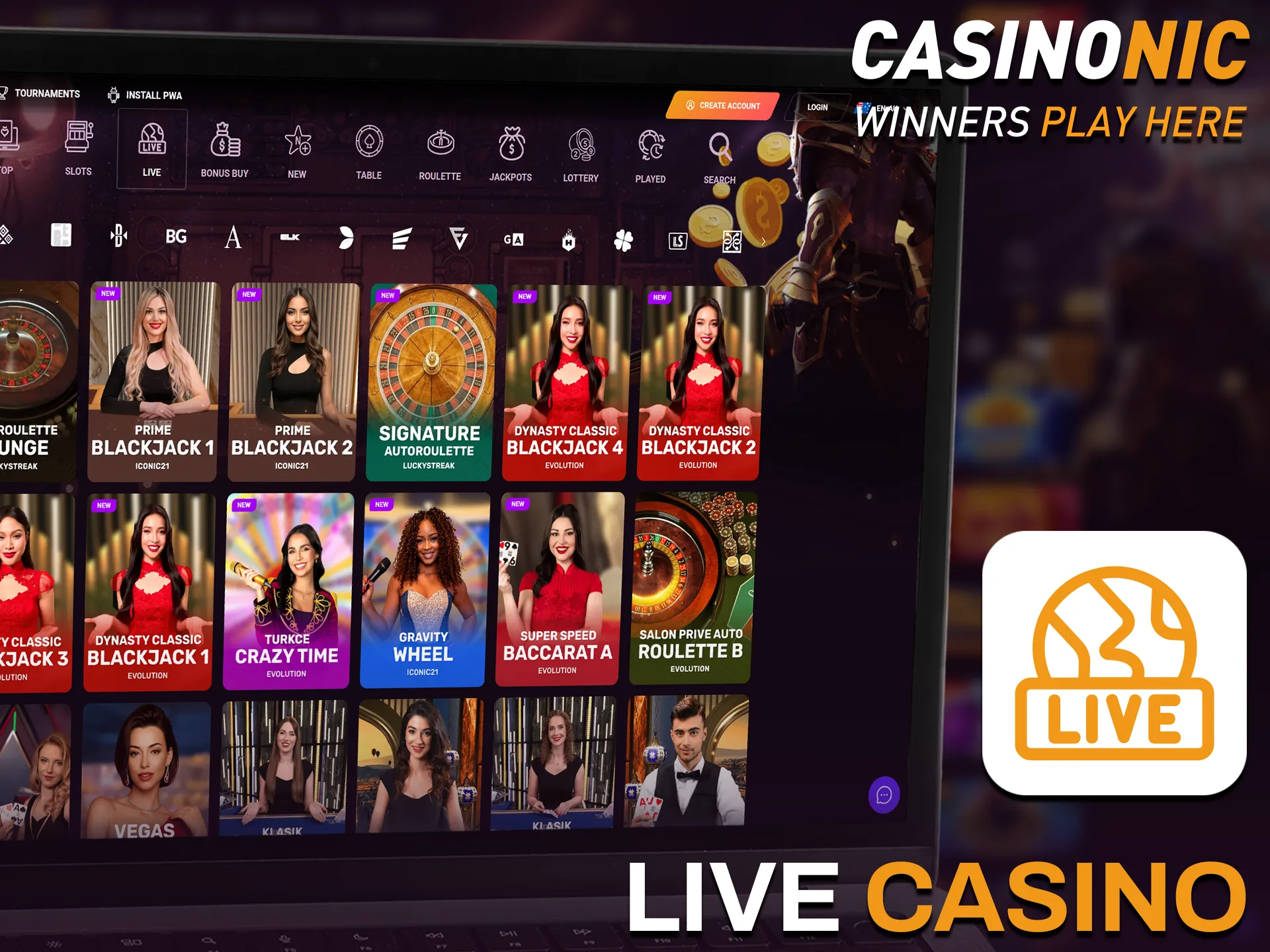 Experience the thrill of the Casinonic live casino with real dealers.