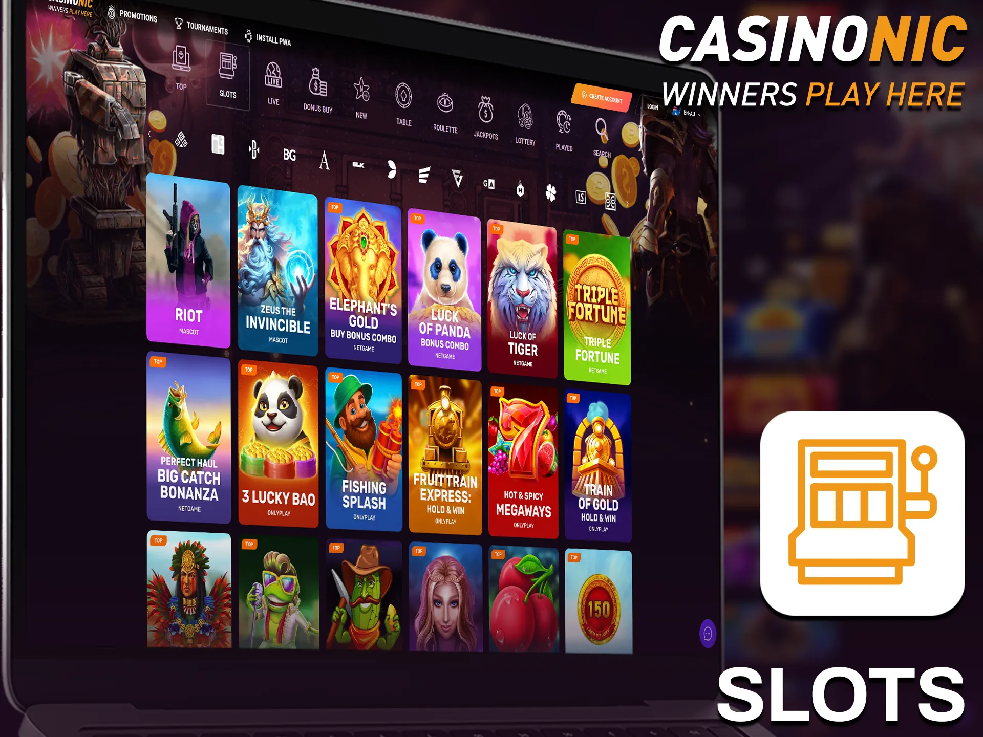 Spin popular Casinonic casino games like slots to win big prizes.