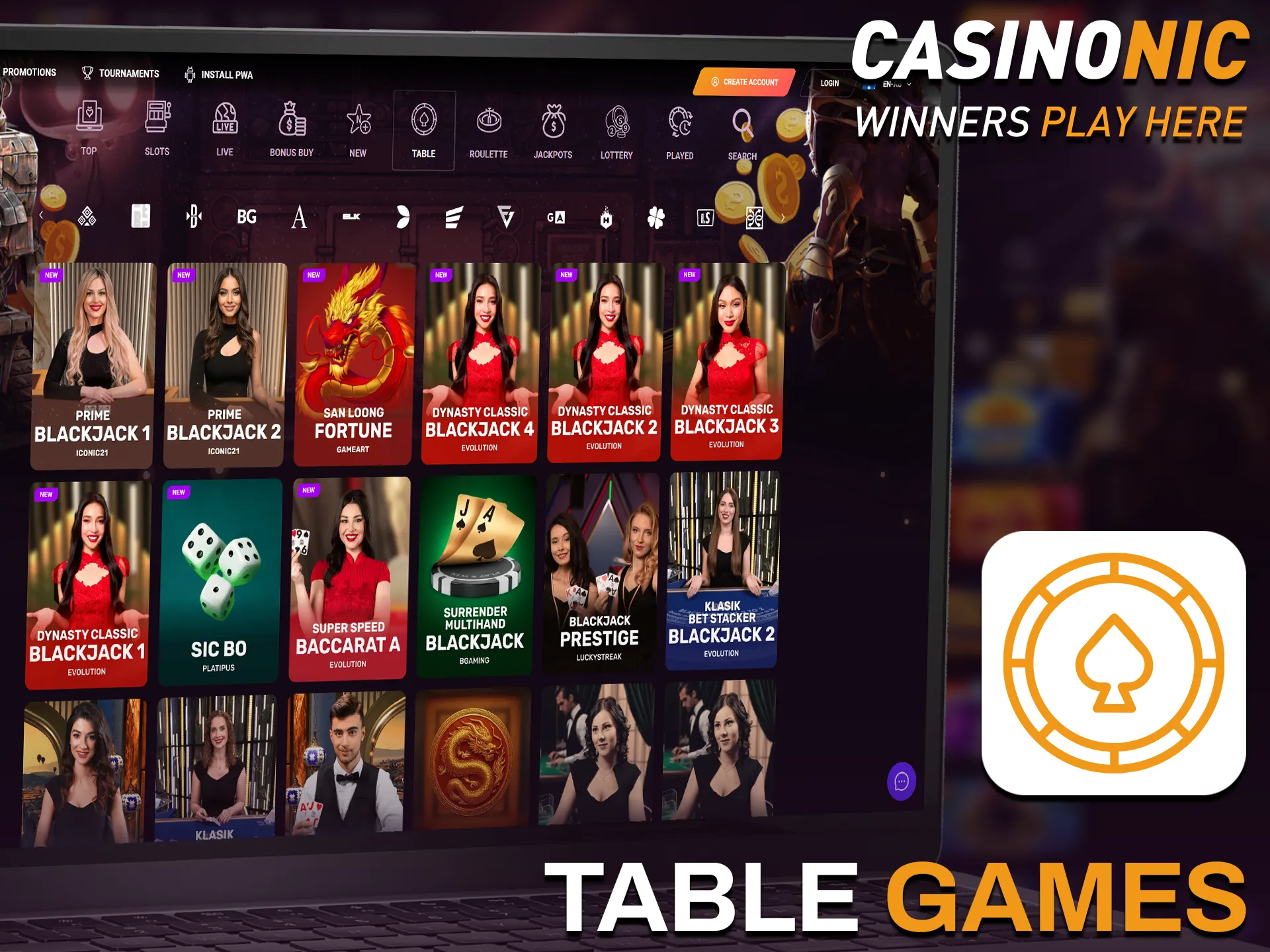 Place bets on Casinonic casino games such as classic table games.